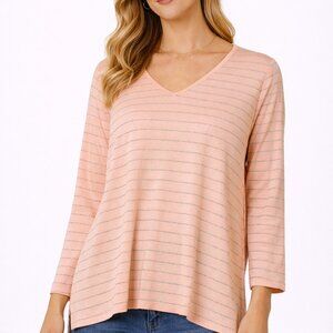 *NWT* DG2 Diane Gilman Peach Metallic Stripe Hi-Low Long Sleeve Top Size Large